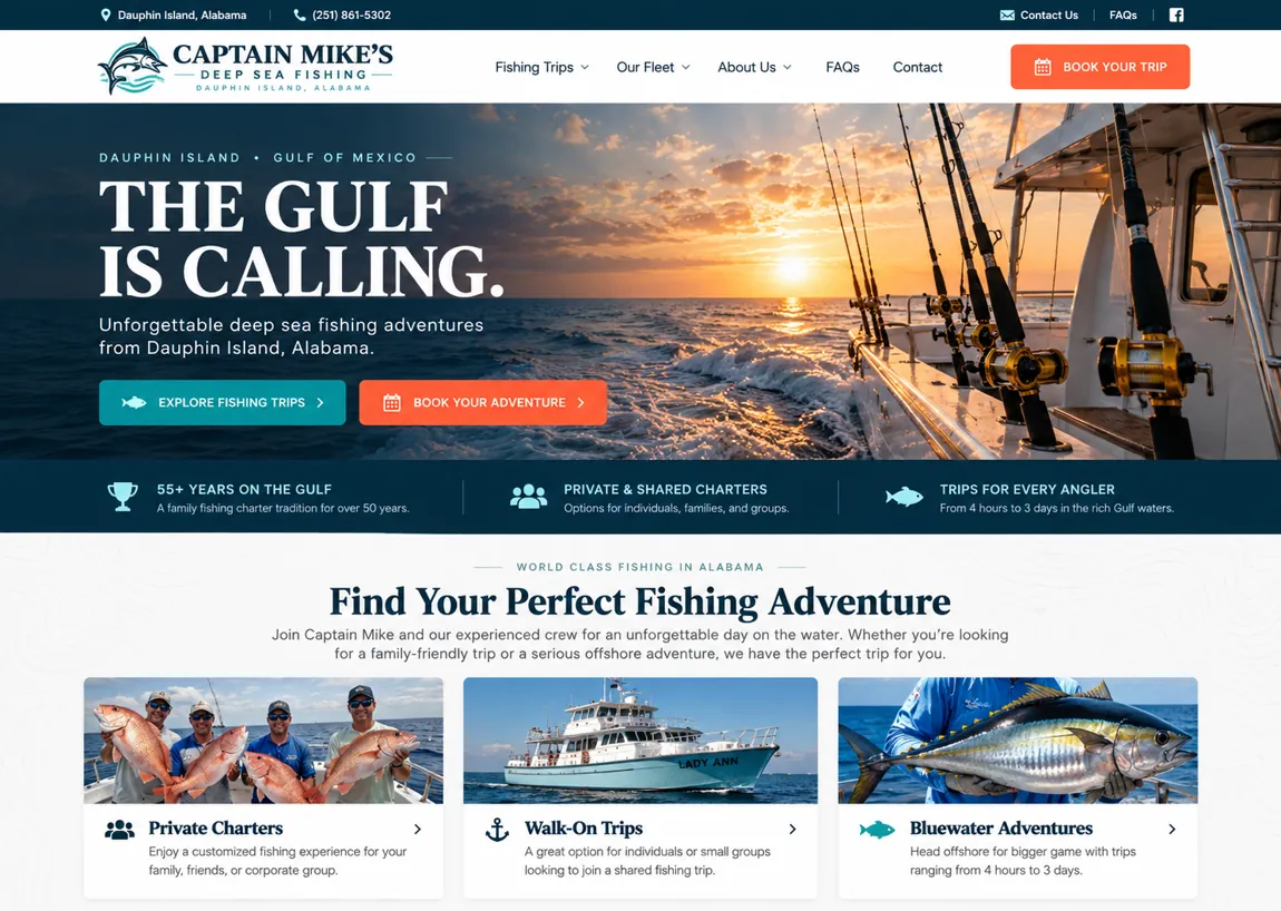 Captain Mike’s Deep Sea Fishing illustrative website mockup