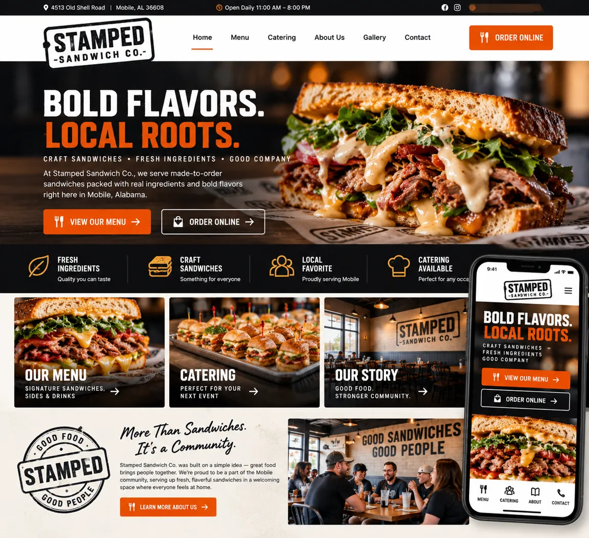 Stamped Sandwich Co. illustrative website mockup